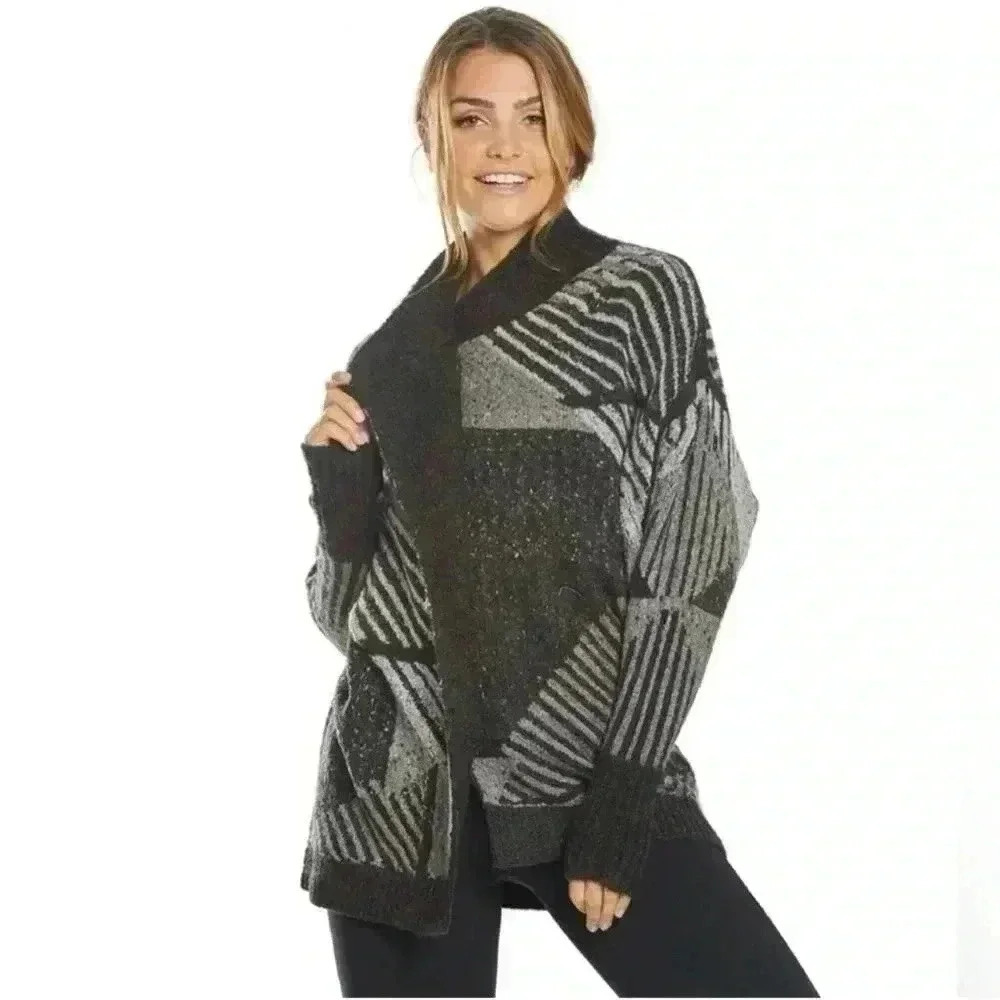 Prana Celandine Cardigan Wrap Sweater Wool Knit Grey Black Print Size Medium